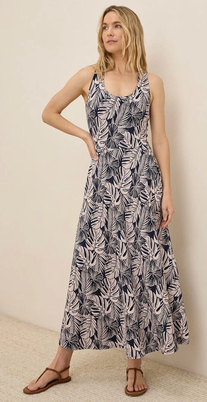PACT Organic Fit & Flare Open Back Maxi Dress in Midnight Blue Palm Size XXXL